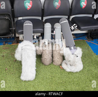 Leicester, UK. 2nd March 2019.   The TV broadcasting microphones with wind covers await the start of the Premiership round 15 game between Leicester Tigers and Wasps rfc.   © Phil Hutchinson/Alamy Live News Credit: Phil Hutchinson/Alamy Live News Stock Photo