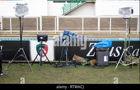Leicester, UK. 2nd March 2019.   The outdoor television  studio awaits the pre-match analysis of the Premiership round 15 game between Leicester Tigers and Wasps rfc.   © Phil Hutchinson/Alamy Live News Credit: Phil Hutchinson/Alamy Live News Stock Photo