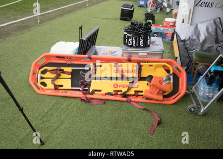 Leicester, UK. 2nd March 2019.  A medical stretcher is placed on the side of the pitch as part of the preparation for the match between Leicester Tigers and Wasps rfc.   © Phil Hutchinson/Alamy Live News Credit: Phil Hutchinson/Alamy Live News Stock Photo