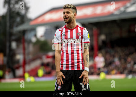 Griffin Park, London. 2nd March 2019. Emiliano Marcondes of Brentford during the EFL Sky Bet Championship match between Brentford and Queens Park Rangers at Griffin Park, London, England on 2 March 2019. Photo by Salvio Calabrese.  Editorial use only, license required for commercial use. No use in betting, games or a single club/league/player publications. Stock Photo