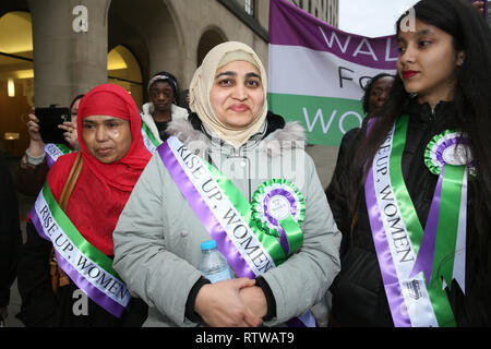 Manchester, UK. 2nd March 2019. The Lord Mayor, Councillor June Hitchen  leads the Walk for Women to celebrate International Women's Day with people wearing sashes and rosettes with the words 'Rise Up Women'.  Several women's organisations are taking part in the march from St peters Square to the castlefield basin where radical singer song writer Claire Mooney is hosting a rally.   Manchester,  UK, 2nd March 2019 (C)Barbara Cook/Alamy Live News Stock Photo