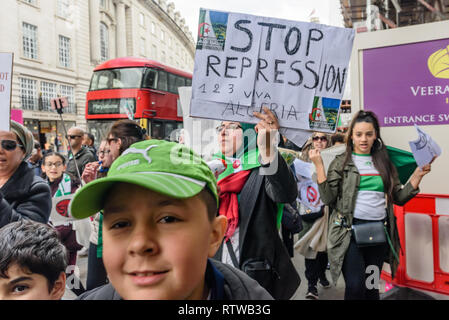 London, UK. 2nd March 2019. Hundreds of Algerians marched through London calling for calling for President Abdelaziz Bouteflika to not run for a 5th five year term in the April 18th election and demanding a change in the regime and system of government. Bouteflika, 82 today, has had various health issues and has seldom appeared in public since a stroke in 2013 and is the figurehead of a repressive and corrupt regime. Credit: Peter Marshall/Alamy Live News Stock Photo