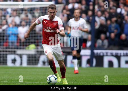 London, UK. 2nd March 2019. Aaron Ramsey of Arsenal in action. EPL Premier League match, Tottenham Hotspur v Arsenal at Wembley Stadium in London on Saturday 2nd March 2019.  this image may only be used for Editorial purposes. Editorial use only, license required for commercial use. No use in betting, games or a single club/league/player publications . pic by Steffan Bowen/Andrew Orchard sports photography/Alamy Live news Stock Photo