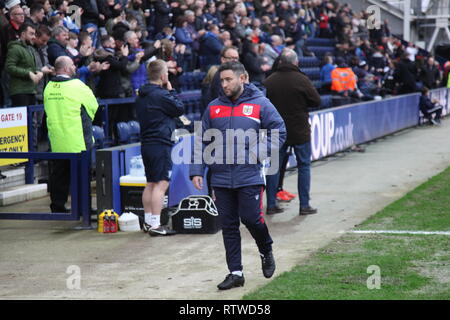 Preston, Lancashire, UK. Bristol City manager Lee Johnson in the dugout ahead of the Championship game between Preston North End and Bristol City at Deepdale which ended in a 1-1 draw. Stock Photo