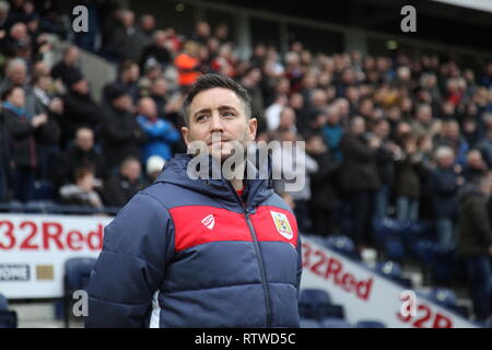 Preston, Lancashire, UK. Bristol City manager Lee Johnson in the dugout ahead of the Championship game between Preston North End and Bristol City at Deepdale which ended in a 1-1 draw. Stock Photo