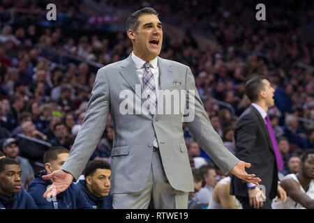 Philadelphia, Pennsylvania, USA. 2nd Mar, 2019. Villanova Wildcats head coach Jay Wright reacts during the NCAA basketball game between the Butler Bulldogs and the Villanova Wildcats at the Wells Fargo Center in Philadelphia, Pennsylvania. Credit: csm/Alamy Live News Stock Photo