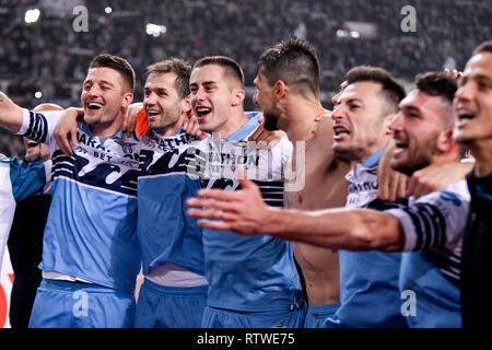 Rome, Italy. 2nd Mar, 2019. Players of Lazio celebrate the victory during the Serie A match between Lazio and Roma at Stadio Olimpico, RoRome, Italy on 2 March 2019. Photo by Bruno Maffia. Credit: UK Sports Pics Ltd/Alamy Live News Stock Photo