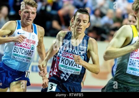 Glasgow, Scotland, UK. 2nd March, 2019. BUTCHART Andrew GBR and KOWAL Yoann FRA competing in the 3000m Men Final event during day TWO of the European Athletics Indoor Championships 2019 at Emirates Arena  in Glasgow, Scotland, United Kingdom. 2.03.2019 Credit: Cronos/Alamy Live News Stock Photo