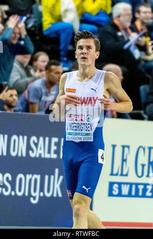 Glasgow, Scotland, UK. 2nd March, 2019. INGEBRIGTSEN Jakob NOR competing in the 3000m Men Final event during day TWO of the European Athletics Indoor Championships 2019 at Emirates Arena  in Glasgow, Scotland, United Kingdom. 2.03.2019 Credit: Cronos/Alamy Live News Stock Photo