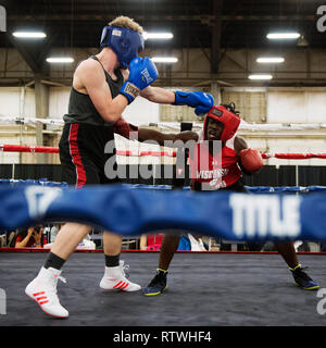 March 2, 2019: Matt Cikowski of Illinois (left) jabs Jovaughn Bowen of Wisconsin in the Amateur Boxing competition at the Arnold Sports Festival in Columbus, Ohio, USA. Brent Clark/Alamy Live News Stock Photo