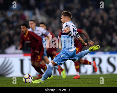 Rome, Italy. 2nd Mar, 2019. Lazio's Ciro Immobile makes a penalty kick and scores during a Serie A soccer match between Lazio and Roma in Rome, Italy, March 2, 2019. Lazio won 3-0. Credit: Alberto Lingria/Xinhua/Alamy Live News Stock Photo