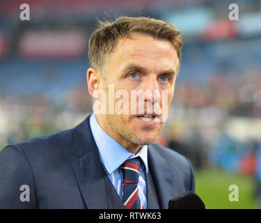 Nashville, TN, USA. 2nd March, 2019.England Women's National Team Head Coach, Phil Neville, during the post game interview at the International Soccer match up between the USA and England, in the She Believes Cup, at Nissan Stadium in Nashville, TN. The game ended in a tie, 2-2. Kevin Langley/Sports South Media/CSM Credit: Cal Sport Media/Alamy Live News Stock Photo