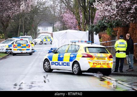 Altrincham, Trafford, Greater Manchester, UK. 03rd March, 2019. Two teenagers have been arrested on suspicion of stabbing a 17-year-old boy to death on Gorse Bank Road in the Hale Barns area of Altrincham. The incident happened at around 6:40pm on Saturday, March 2, 2019. Police continue to work at the scene on Sunday, March 3, 2019. Credit: Christopher Middleton/Alamy Live News Stock Photo