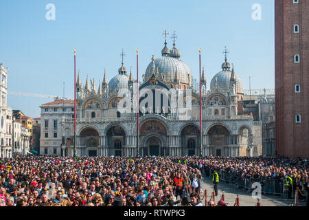 Venice, Italy. 03rd March, 2019. Tourists and locals attend the event of the Eagle Flight on March 03, 2019 in Venice, Italy. The theme for the 2019 edition of Venice Carnival is 'Blame the Moon' and will run from 16th of February to 5th of March.  © Awakening / Alamy Live News Stock Photo