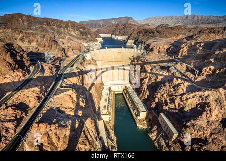 View from the Hoover Dam Bypass Bridge to the dam wall of the Hoover Dam, Hoover Dam, Dam, near Las Vegas, Colorado River Stock Photo