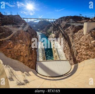 View of the Hoover Dam Bypass Bridge and Dam from the Hoover Dam, Hoover Dam, Dam, near Las Vegas, Colorado River, Lake Mead Stock Photo