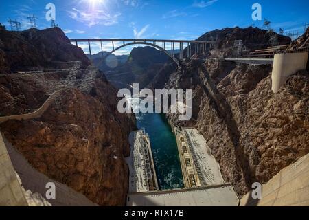 View of the Hoover Dam Bypass Bridge and Dam from the Hoover Dam, Hoover Dam, Dam, near Las Vegas, Colorado River, Boulder City Stock Photo