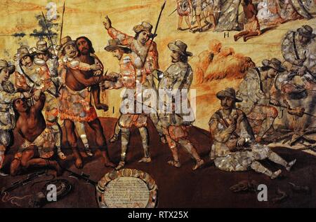 Título: Conquista de México (1519-1521). Detalle inferior. Castigo a dos espías Xicotenca, cortándoles las manos y conquistadores comiendo carne de perro. Tabla que forma parte de un conjunto de 6. Autor anónimo. Técnica: Enconchado. Material / soporte: Tabla, pintura al óleo, nácar. Estilo: Escuela mexicana. Virreinato de Nueva España. México (América del Norte). 1676-1700. Museo de América. Madrid. España. Stock Photo