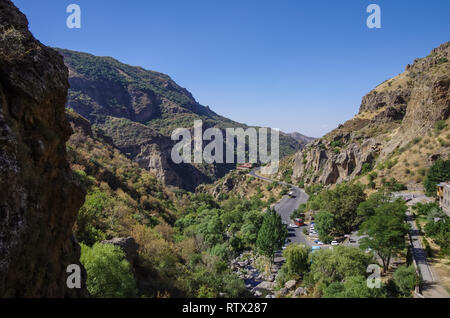 Road in canyon to the medieval Geghard monastery complex, Armenia Stock Photo