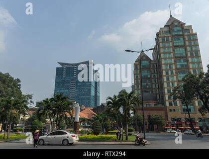 Ho Chi Minh, Vietnam - January 17, 2015:  Saigon Notre-Dame square near Basilica in Ho Chi Minh City, Vietnam. Stock Photo