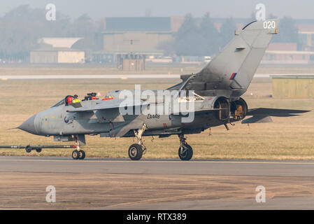 Royal Air Force Panavia Tornado GR4 fighter jet plane ZA449 being towed away for scrapping as the RAF retire the aging bomber planes
