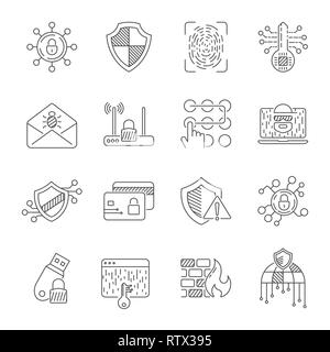 Data protection and cyber security thin line icons set. Computer network protection. Related vector line icons. Stock Vector
