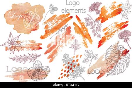 Set of hand drawn watercolor labels and badges for beauty, healthy life and wellness. Vector illustrations for graphic and web design, for cosmetics Stock Vector