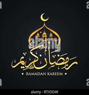 Gold Arabic Islamic calligraphy of Ramadan Kareem Islamic background. Ramadan holiday. Vector illustration on dark background Stock Vector