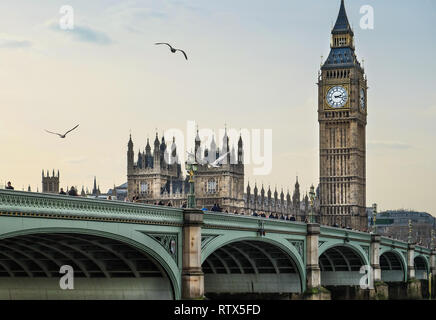 LONDON/UK - FEBRUARY 29 : Westminster Bridge and Big Ben in London on February 29, 2016. With unidentified people and birds. Stock Photo