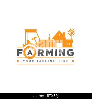 Farm logo, badge, label with tractor, house and water tower over raising sun background, vector illustration Stock Vector