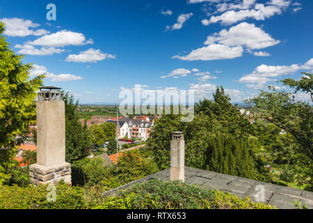 View from a hill over Neustadt an der Weinstrasse, Germany on a clear summer day to the distant mountains of the Odenwald. Stock Photo