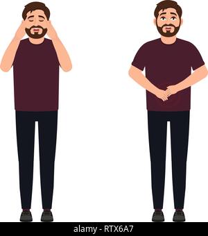 A man has a headache and stomach ache, a sharp pain in the intestines, a migraine in a young man, vector illustration Stock Vector