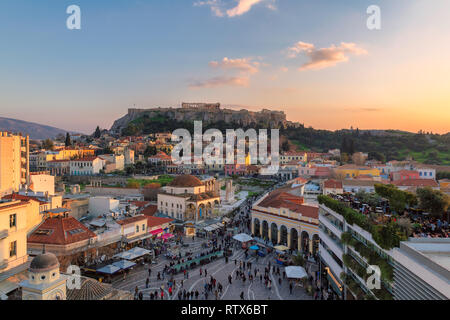 Athens skyline at sunset and the Parthenon Temple, Athens, Greece Stock Photo