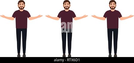 A man spreads his arms, shows different emotions, angry, happy, frustrated, gestures of a hands, character in a cartoon style vector illustration Stock Vector