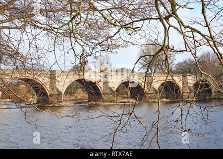 BRIDGE OF DEE A90 ROAD OVER RIVER DEE ABERDEEN SCOTLAND THE ARCHES OF THE OLD BRIDGE ON THE UPSTREAM SIDE AND TREE BRANCHES Stock Photo