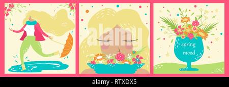 Set of hand-drawn spring postcards. Springtime. Blonde girl. Stock Vector