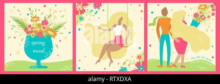 Set of hand-drawn spring postcards. Springtime. Blonde girl. Stock Vector