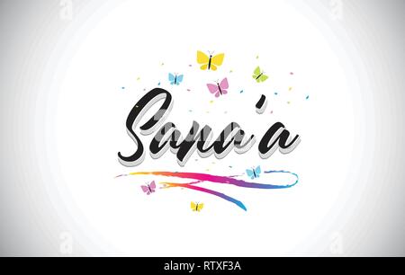 Sana’a Handwritten Word Text with Butterflies and Colorful Swoosh Vector Illustration Design. Stock Vector