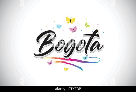 Bogota Handwritten Word Text with Butterflies and Colorful Swoosh Vector Illustration Design. Stock Vector