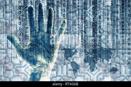open hand and binary data over a world map, global network security concept Stock Photo