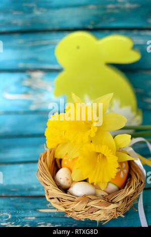 Easter decoration with eggs and flowers Stock Photo
