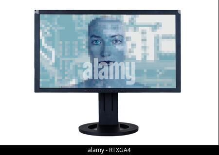 Eyes staring out of computer screen with superimposed circuit board. Conceptual image of internet surveillance and cyber security. Stock Photo