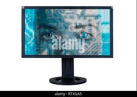 Pixelated eyes and computer screen depicting internet surveillance or cyber security. Conceptual image. Stock Photo