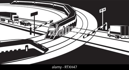 Passenger trains passing railway crossing - vector illustration Stock Vector