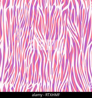 Chaotic uneven stripes abstract seamless pattern, zebra print, animalistic ornament, stylized modern illustration. Colorful bright white purple pink i Stock Vector