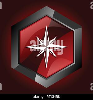 Compass hexagonal glossy dark red and black web icon, vector illustration in eps 10 Stock Vector