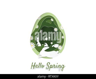 Creative illustration of spring and Easter concept. Green cut the paper into an egg-shaped layer. with white rabbit and flower, Depicts the abundance  Stock Vector