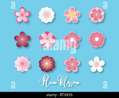 Creative vector illustration collection of plum blossom paper cut style isolated on blue background. Paper art digital craft for Shirt design, textile Stock Vector