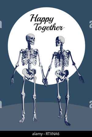 A couple of engraving skeleton in holding hand action illustration on blue color tone with moon space background Stock Photo