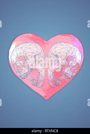 Abstract twin low poly skull in pink polygonal heart with wireframe on blue background Stock Photo